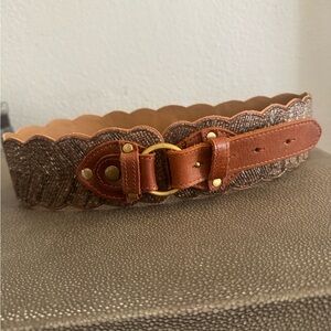 Anthropologie Brown Leather & Metallic Woven Scalloped Belt